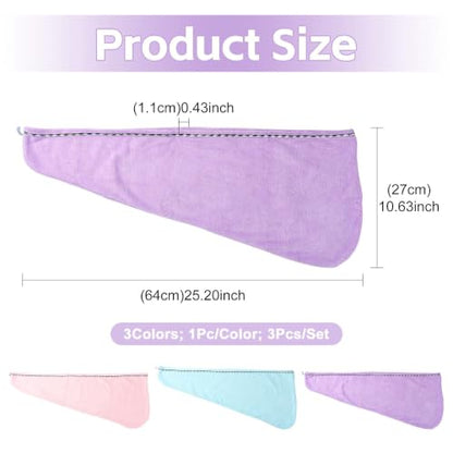 3-Pack Microfiber Hair Towel Wrap Set - Quick Dry, Soft Turbans with Button & Loop - Mix Colors