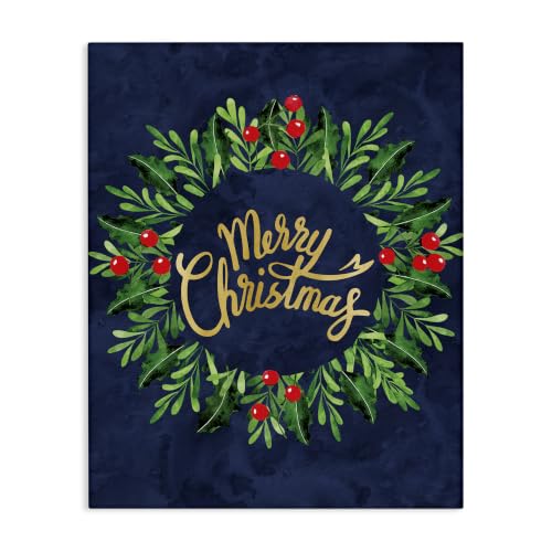 Holiday Holly Wreath Canvas Wall Art - Merry Christmas 24x30 Inch - Stretched Canvas