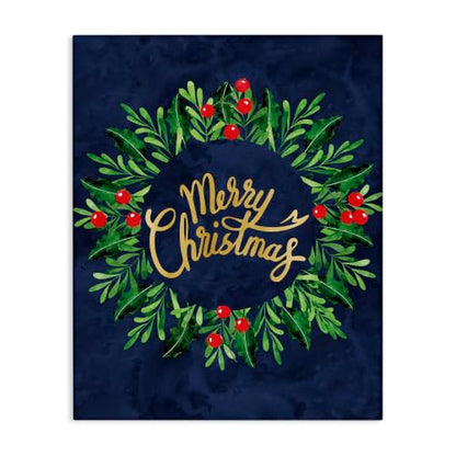 Holiday Holly Wreath Canvas Wall Art - Merry Christmas 24x30 Inch - Stretched Canvas