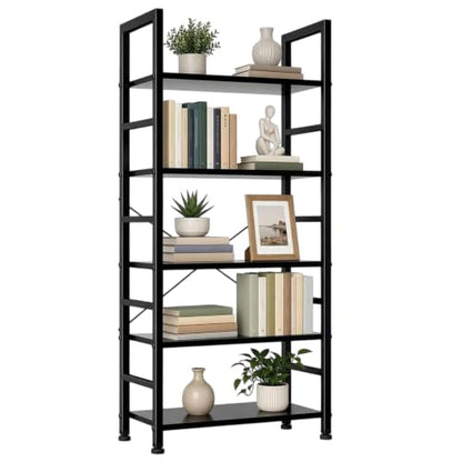 Modern Black 5-Tier Industrial Bookshelf - Free Standing Bookcase with Open Shelves