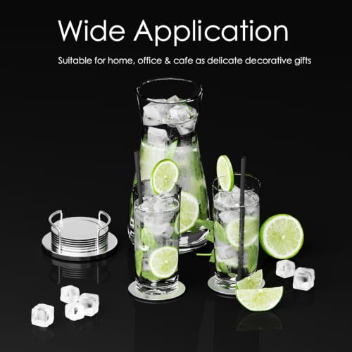 Silver Stainless Steel Coaster Set with Holder - 6 Modern Round Drink Coasters with Non-Slip EVA Base