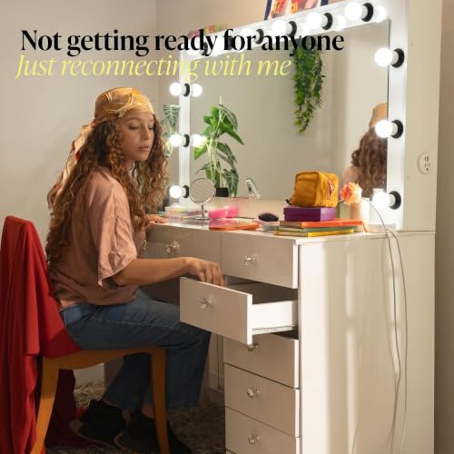 Vanity Desk with Framed Bulb Mirror – 8-Drawer Integrated Makeup Station