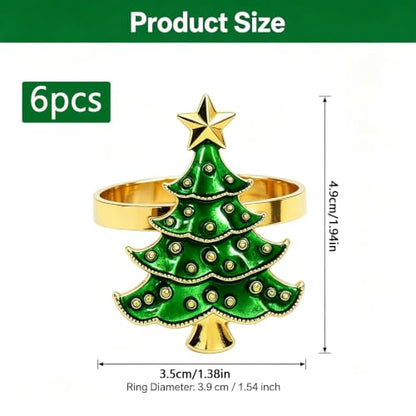 Christmas Tree Napkin Rings Set of 6 - Green Holiday Table Decor