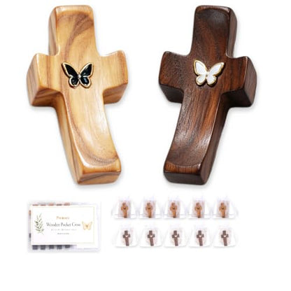 10-Pack Wooden Prayer Crosses with Metal Butterfly - Natural & Black Walnut