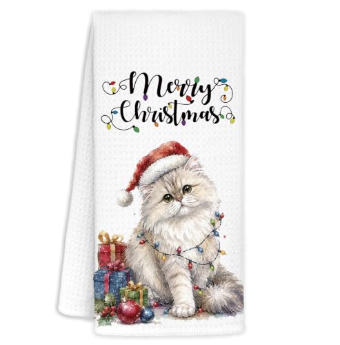 Santa White Cat Kitchen Towel - Christmas Winter Decor, 16x24in