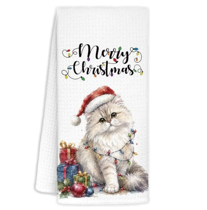 Santa White Cat Kitchen Towel - Christmas Winter Decor, 16x24in