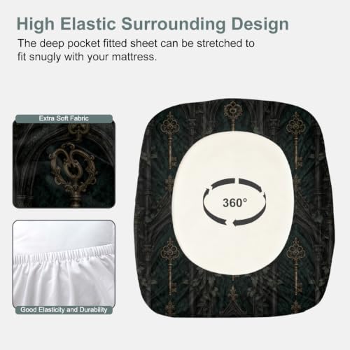 Dark Academia Green Gothic Key Fitted Sheet Set with Pillowcases - King Variation