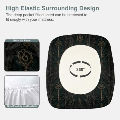 Dark Academia Green Gothic Key Fitted Sheet Set with Pillowcases - King Variation