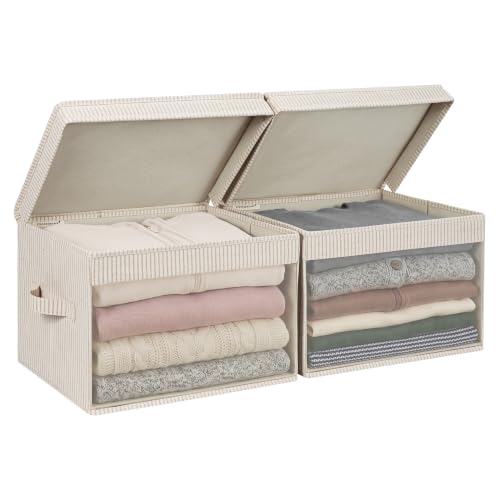 Large Fabric Storage Bins with Lids - Khaki & Beige Stripes, Collapsible Closet Organizers