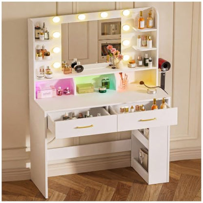 COMHOMA White Vanity Desk with LED Mirror & 2 Drawers, 3 Lighting Modes, USB/AC Outlet, 31.5" x 15.7"