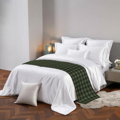 94x20 Inch King Size Satin Bed Runner Scarf - Green Black Buffalo Plaid Checkered