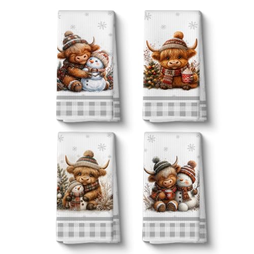 Multicolor Christmas Funny Highland Cow Kitchen Towels - 4 Pack