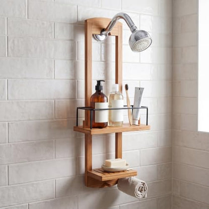 Wooden Shower Caddy with 2 Tiers for Bathroom Organization - Natural Bamboo