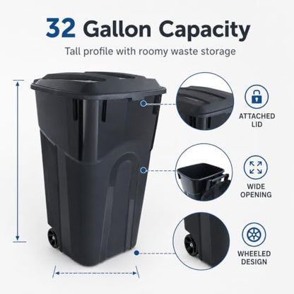 32-Gallon Heavy-Duty Wheeled Trash Can with Click-Lock Lid - Outdoor Use