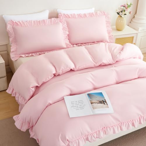 Pink Ruffle Twin Duvet Cover Set for Girls - Soft Polyester Bedding