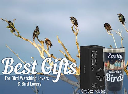 Bird Watching Tumbler 20oz Stainless Steel Insulated with Lid & Straw Black - Easily Distracted by Birds