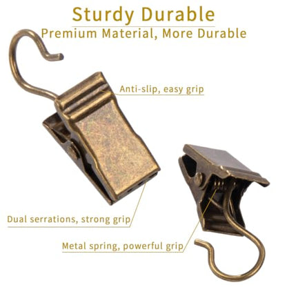 Bronze Metal Curtain Clips Hooks Fits 0.21 Inch Rod 24 Pack - Reinforced Clamping