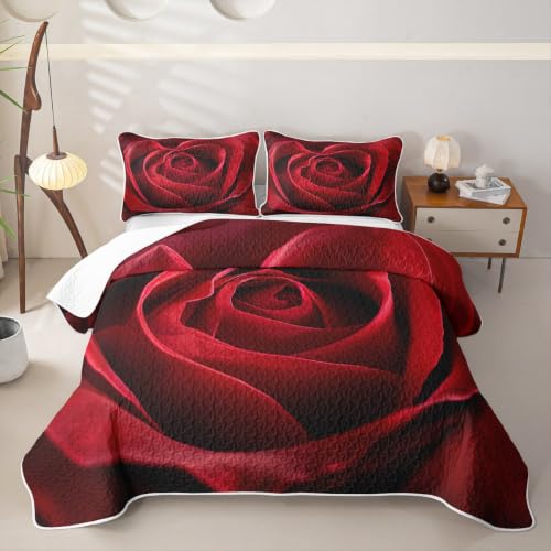 Red Black Queen Quilt Set with Rose Print & Pillowcases - Romantic Flower Bedding