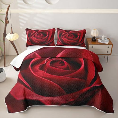 Red Black Queen Quilt Set with Rose Print & Pillowcases - Romantic Flower Bedding