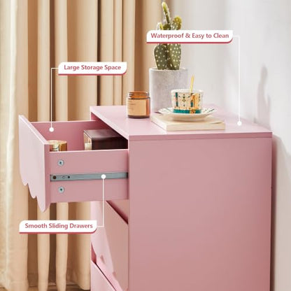 3-Drawer Dresser for Bedroom in Pink - Wave Front, 23.6" W x 13.8" D x 28.7" H, Wooden Storage Chest