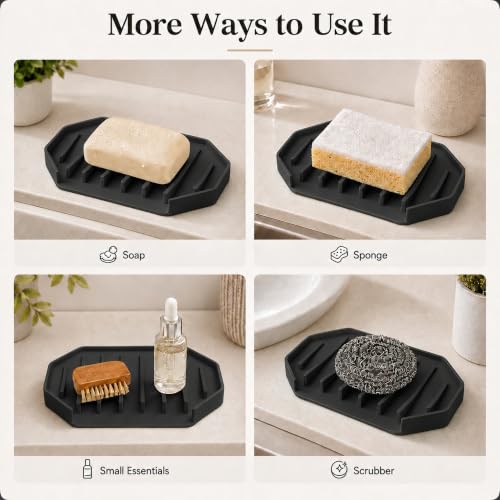 Black Silicone Soap Dish Holder for Shower - 2 Pack Large Drainage