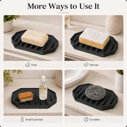 Black Silicone Soap Dish Holder for Shower - 2 Pack Large Drainage