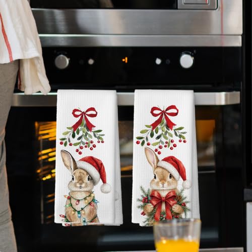 Christmas Bunny Kitchen Towels Set of 2 - Holiday Rabbit Decor, Bunny Variation