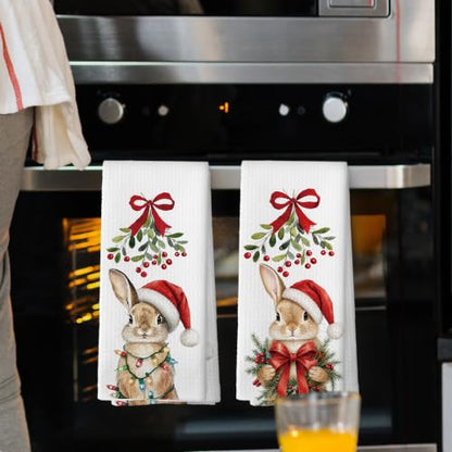 Christmas Bunny Kitchen Towels Set of 2 - Holiday Rabbit Decor, Bunny Variation