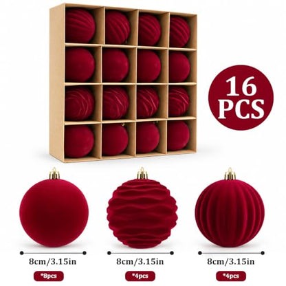 Red Velvet Christmas Ball Ornaments Set - 3.15 Inch, 16 pcs, Decorative Holiday Decor