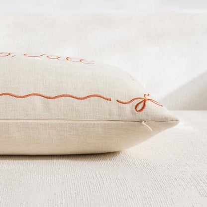 Embroidered Fall Pillow Cover 12x20 Beige - Farmhouse Thanksgiving Decor