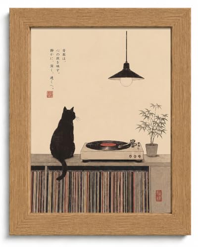 Japanese Cat Record Player Wall Art - Framed 10x8 Inches, Minimalist Music Decor