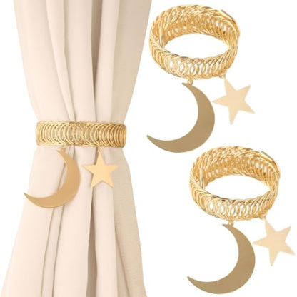 Metal Moon Star Curtain Tiebacks No Drill 2 Pack - Adjustable Spring Closure Decorative Holdbacks
