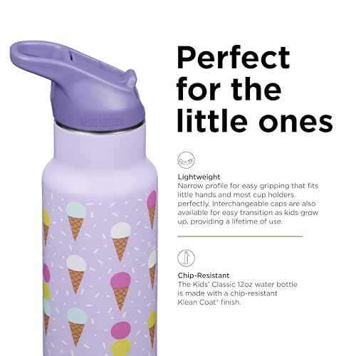 Klean Kanteen 12 oz Classic Kid's Insulated Water Bottle with Flip Seal Sport Cap - 100% Leakproof Cap - BPA-Free - Stainless Steel Material - Ice Cream