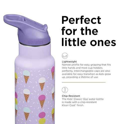 Klean Kanteen 12 oz Classic Kid's Insulated Water Bottle with Flip Seal Sport Cap - 100% Leakproof Cap - BPA-Free - Stainless Steel Material - Ice Cream