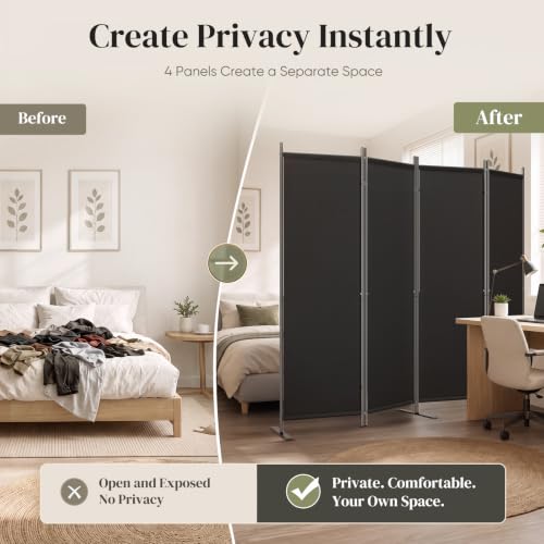 Black 4-Panel Room Divider, 6FT Tall Folding Privacy Screen, Freestanding