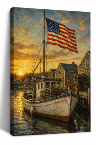 Vintage Patriotic Wall Art - Maine Fishing Boat with American Flag, 16x24 Inches - Wrapped Canvas