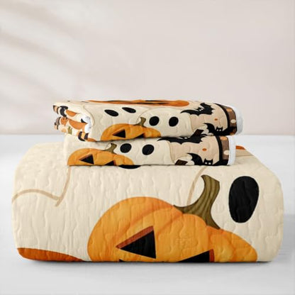 Feelyou Gothic Pumpkin Quilt Set - Orange King Size Halloween Bedding