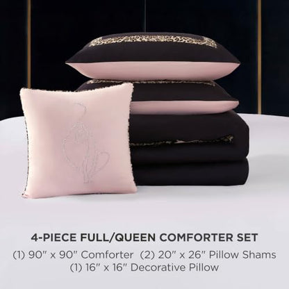 Baby Phat Leopard Hotel Border Comforter Set - Full/Queen, Reversible Microfiber, Black & Pink