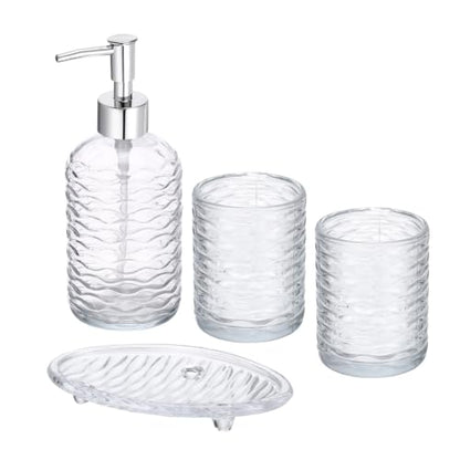 Clear Glass Bathroom Accessory Set with Wavy Stripes - 4 Pieces