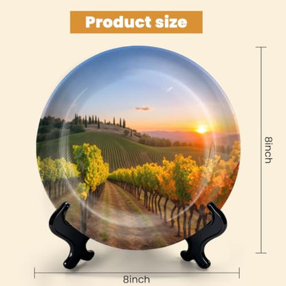 8-Inch Ceramic Decorative Plate for Wall & Display with Stand and Hook - Tuscany Vineyards Sunset Olive Fields