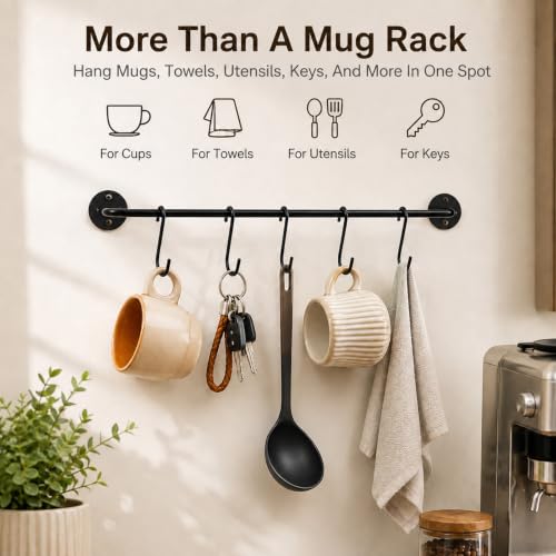 Wall Mounted Coffee Mug Holder Rack with 5 Hooks - Black Metal Kitchen Organizer - Variation 1