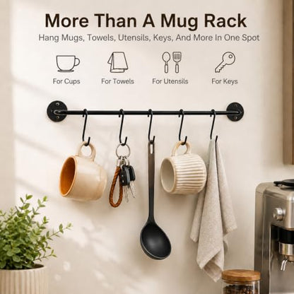 Wall Mounted Coffee Mug Holder Rack with 5 Hooks - Black Metal Kitchen Organizer - Variation 1