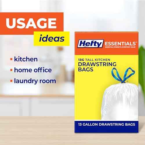 Hefty Essentials Drawstring 13 Gallon Kitchen Trash Bags, 45 Count, Tall Unscented Trash Bags for Kitchens, Home Offices, or Laundry Rooms, Easy to Tie, Lift, and Carry, White