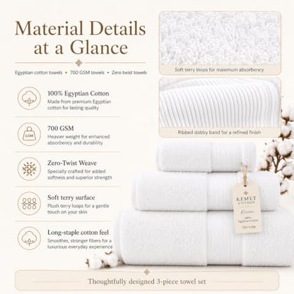 KEMET Luxury Bath Towel Set of 3 Pink - Egyptian Cotton 700 GSM, Absorbent & Soft