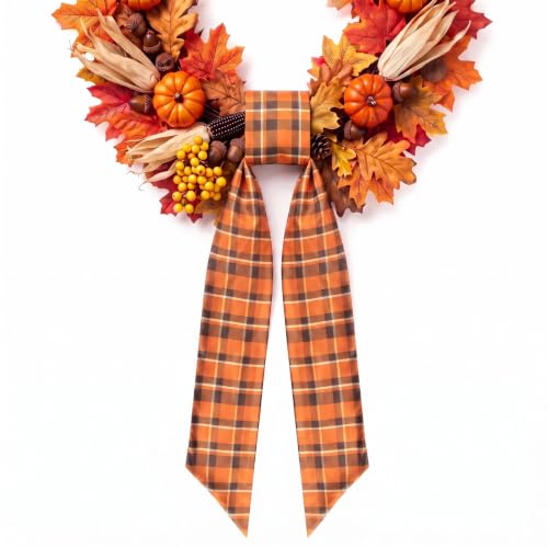 Fall Wreath Sash for Front Door - Style3, Red Orange Plaid, 5x55.9in