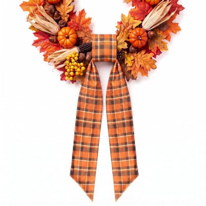 Fall Wreath Sash for Front Door - Style3, Red Orange Plaid, 5x55.9in