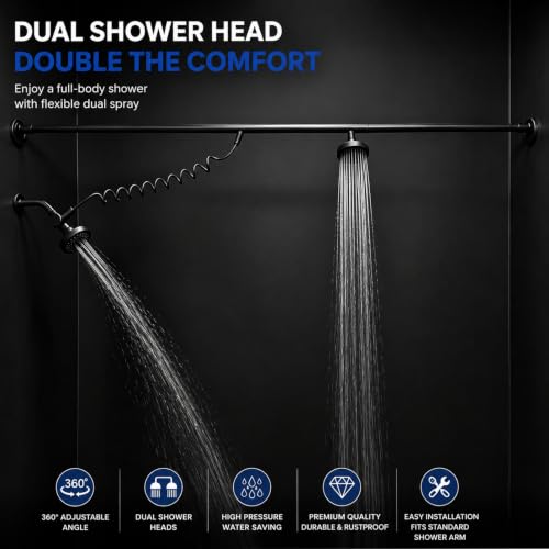 Matte Black Dual Shower Head for Two People - Adjustable & 3 Spray Modes