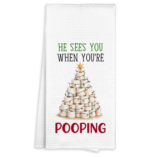 Funny He Sees You When You're Pooping Christmas Bathroom Towel - Variation of THIS listing