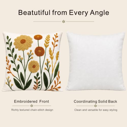 Golden Meadow Embroidered Floral Throw Pillow Cover 18x18 Inch - Pack of 1