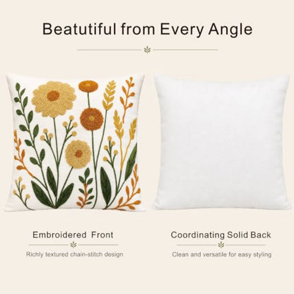 Golden Meadow Embroidered Floral Throw Pillow Cover 18x18 Inch - Pack of 1